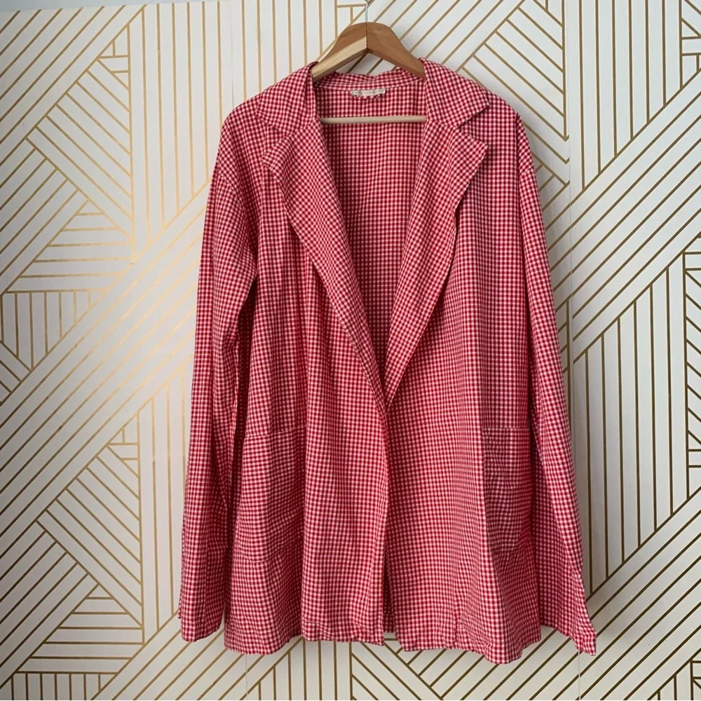 Erica Tanov cotton gingham open front long line blazer jacket Lagenlook boho S